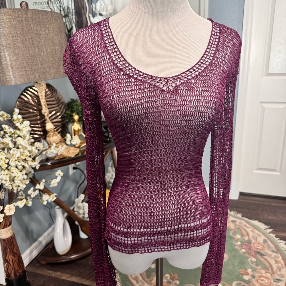 The Limited, crocheted burgundy, long sleeves top. Size S.